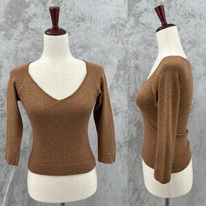 Bebe Copper Metallic Knit 3/4 Sleeve V Neck Sweater Top Bodycon Shimmer